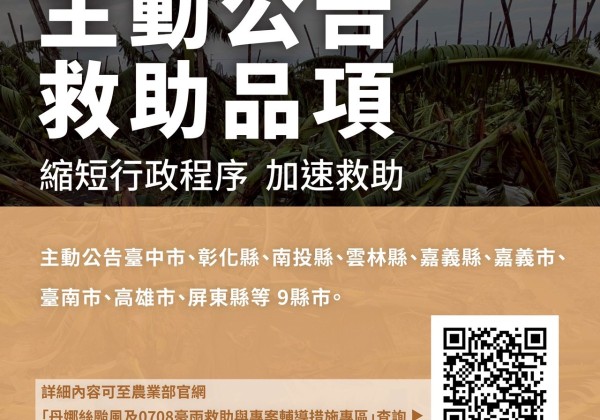 農業部擴大「丹娜絲颱風及0708豪雨救助與專案輔導措施」 農漁畜設施設備補助提高至8成、低利貸款免息延長為一年