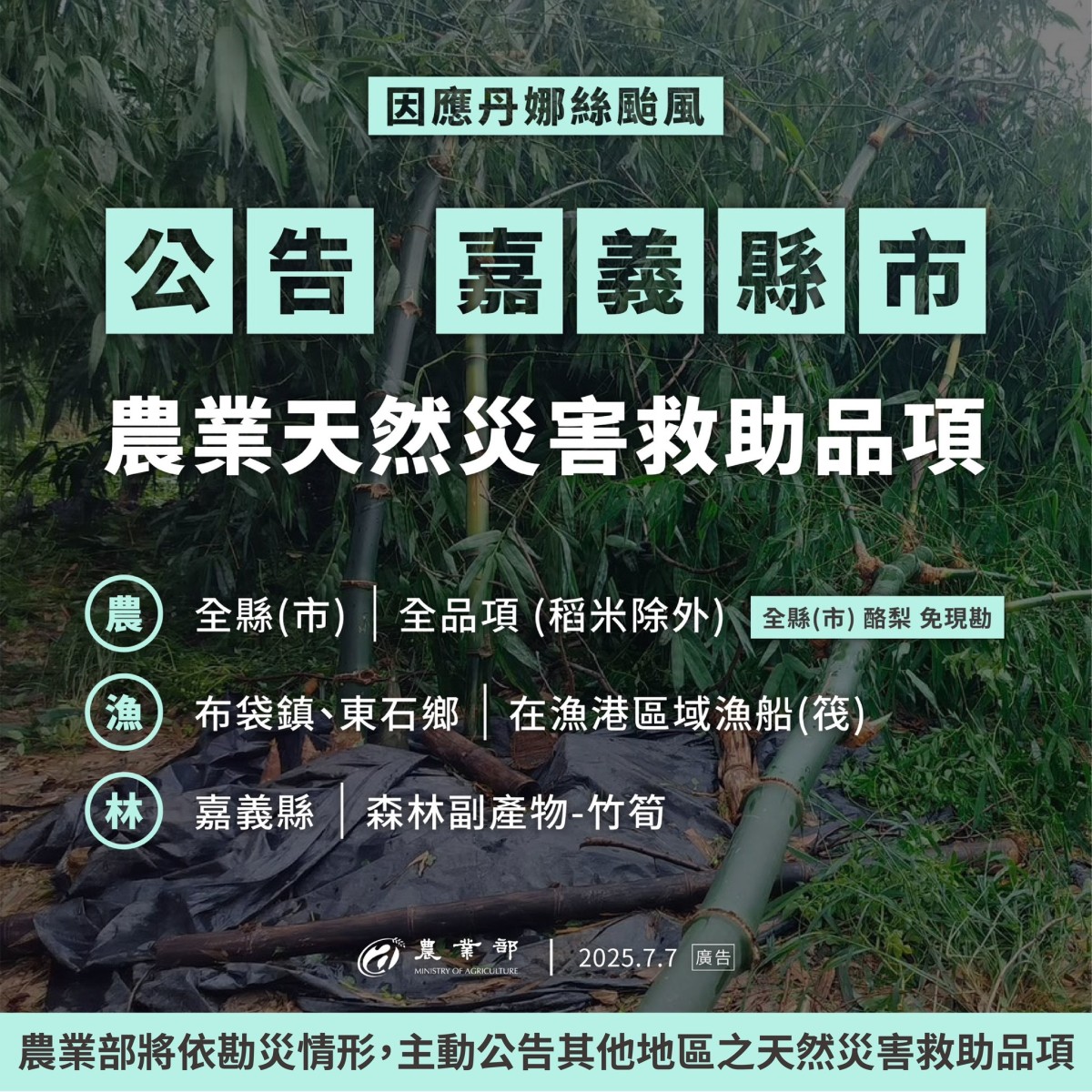 農業部公告丹娜絲颱風首波災害救助 加速農民災後復耕復建 農業部公告丹娜絲颱風首波災害救助 加速農民災後復耕復建