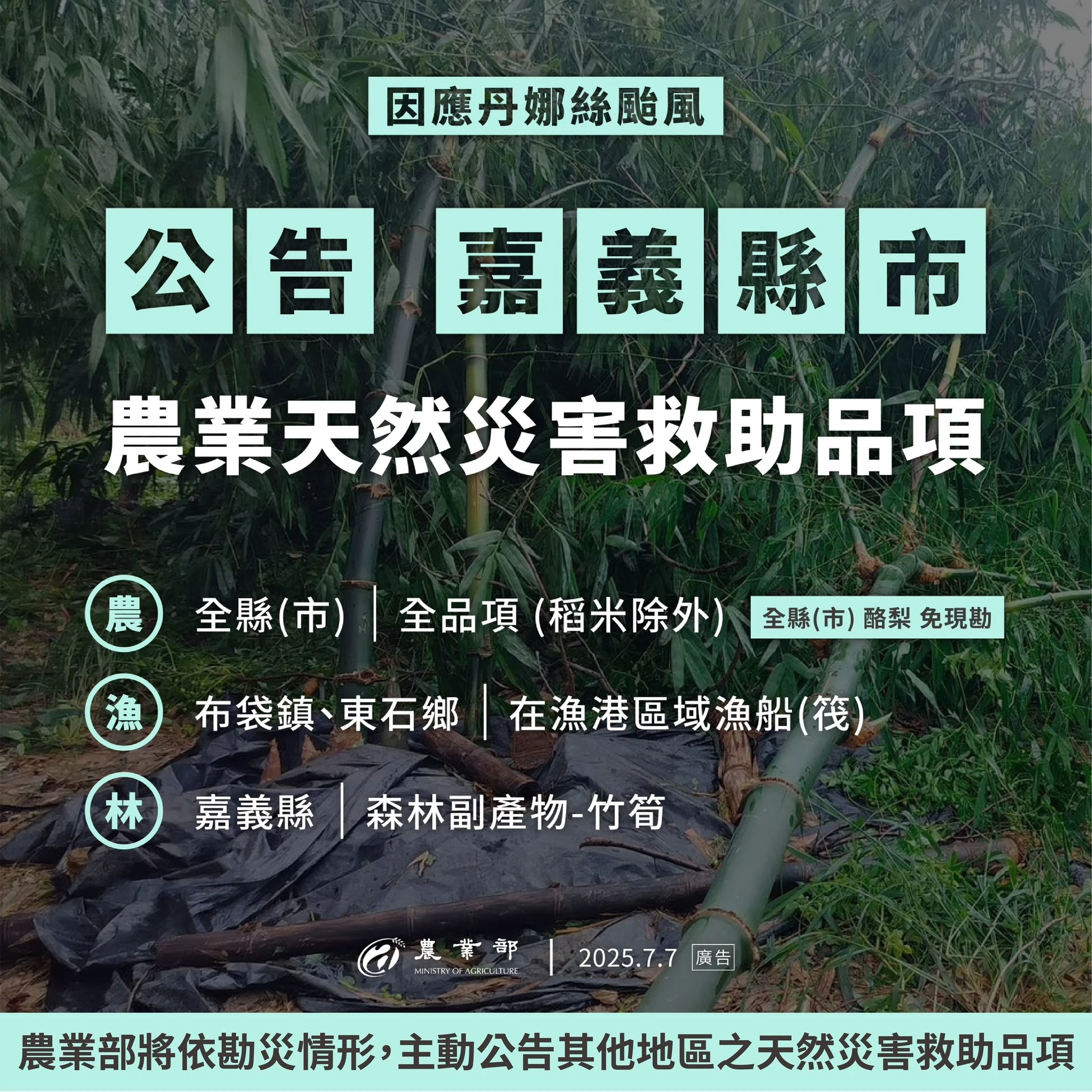 農業部公告丹娜絲颱風首波災害救助 加速農民災後復耕復建