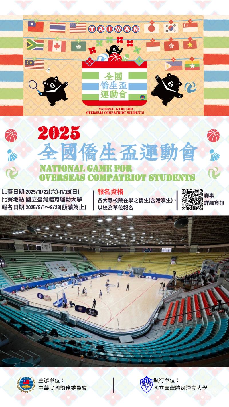 「2025年全國僑生盃運動會」熱血沸騰! 僑委會提供30萬元總獎金歡迎僑生同學來挑戰! 「2025年全國僑生盃運動會」熱血沸騰! 僑委會提供30萬元總獎金歡迎僑生同學來挑戰!