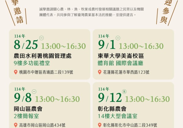 農業基本法系列座談－地方草根會議起跑！  邀請各界共同擘劃臺灣農業長期發展藍圖