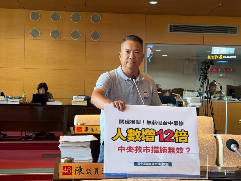 台中無薪假人數暴增12倍 議員示警關稅房市車市「三殺」 台中無薪假人數暴增12倍 議員示警關稅房市車市「三殺」